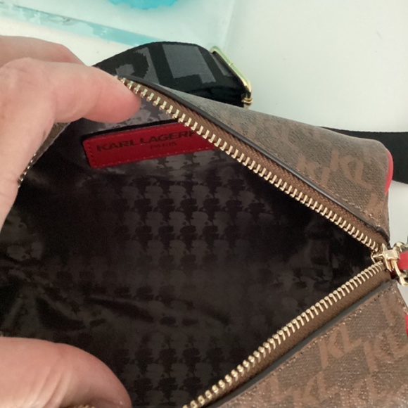 NWT KARL LAGERFELD CROSSBODY BROWN LOGO BAG W RED HEART COIN PURSE - Picture 2 of 13
